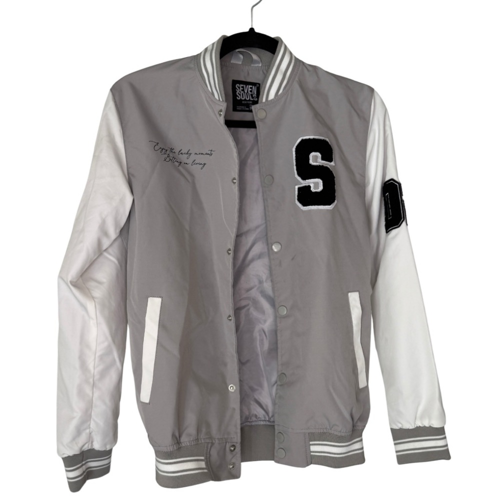 Youth Seven Souls Gray and White Varsity Jacket